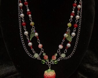 Handmade Strawberry Dreams Beaded Necklace w/ Hand Painted Pendant