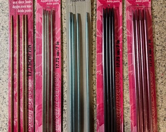 Vintage set of 5 Susan Bates Silvalume 7" Silvalume double pointed knitting needles, sizes 0, 1, 3, 5 & 7