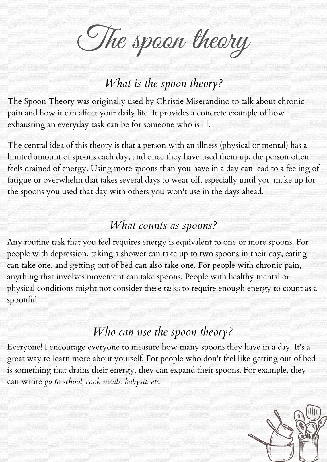 Printable Spoon Theory Guide and Planner Guide Imprimable De Etsy