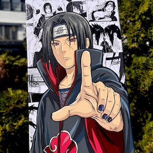 Op de afbeelding: Een canvas kunstwerk met een anime-personage met zwart haar en rode ogen, dat wijst. Het personage staat tegen een achtergrond van zwart-wit manga-panelen. Het kunstwerk is gesigneerd "@stdraws_."