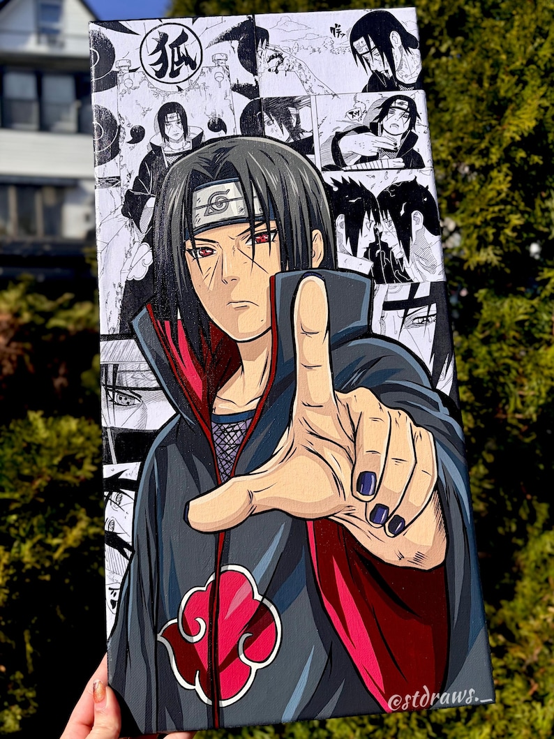 Op de afbeelding: Een canvas kunstwerk met een anime-personage met zwart haar en rode ogen, dat wijst. Het personage staat tegen een achtergrond van zwart-wit manga-panelen. Het kunstwerk is gesigneerd "@stdraws_."