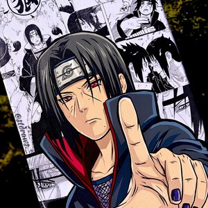 Op de afbeelding: Een levendige illustratie van een anime-personage met zwart haar en rode ogen, tegen een achtergrond van mangapanelen. Het personage draagt een donkerblauwe en rode outfit, met een hoofdband. Het kunstwerk bevat de tekst "@stdraws."