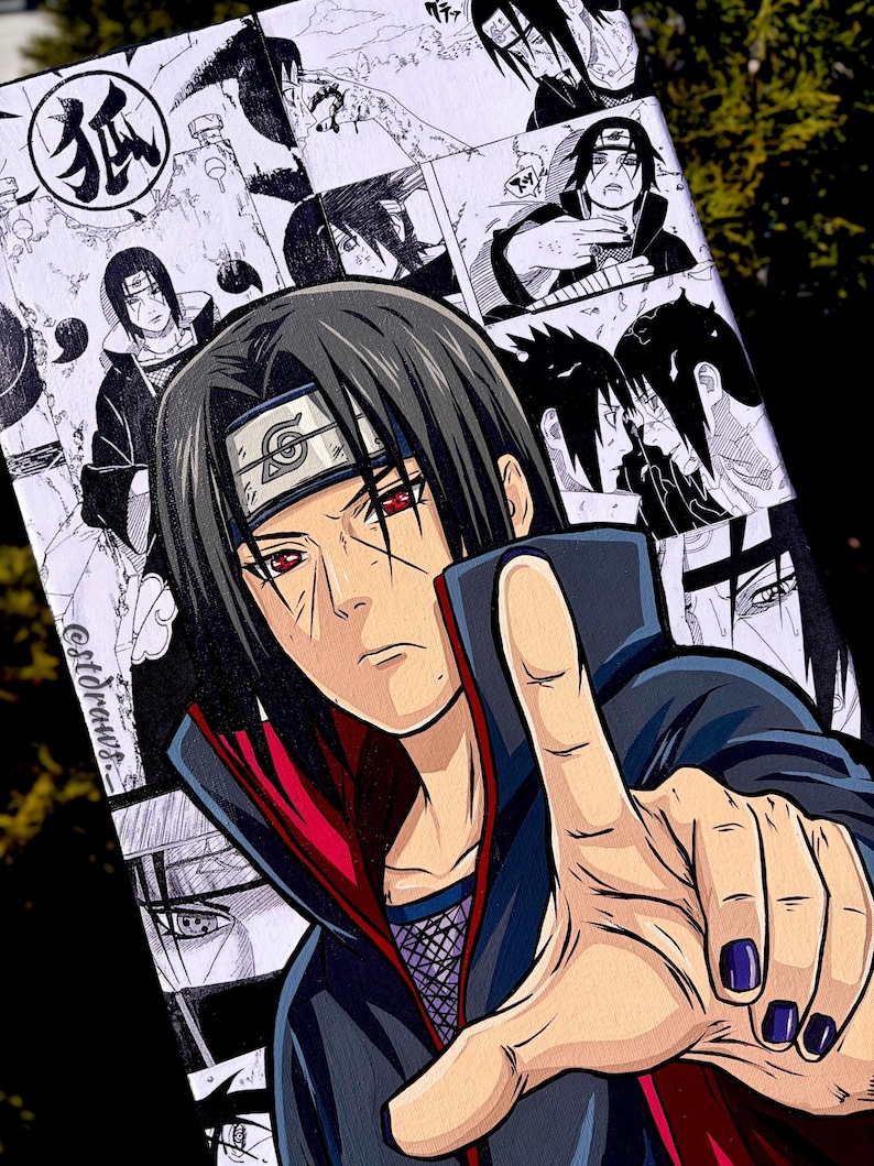 Op de afbeelding: Een levendige illustratie van een anime-personage met zwart haar en rode ogen, tegen een achtergrond van mangapanelen. Het personage draagt een donkerblauwe en rode outfit, met een hoofdband. Het kunstwerk bevat de tekst "@stdraws."