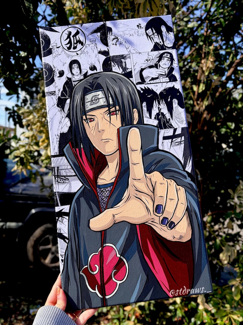 Op de afbeelding: Een canvas kunstwerk met een manga-stijl illustratie van een personage met zwart haar en rode ogen, wijzend. Het kunstwerk is overwegend zwart, wit, rood en grijs, met een wolk symbool en de tekst "@stdraws." zichtbaar.