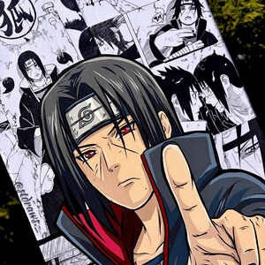 Op de afbeelding: Een levendige illustratie van een anime-personage met zwart haar en rode ogen, tegen een achtergrond van zwart-wit manga-panelen. Het personage draagt een donkere outfit met een rode voering en een hoofdband. Het kunstwerk is gedetailleerd en kleurrijk.