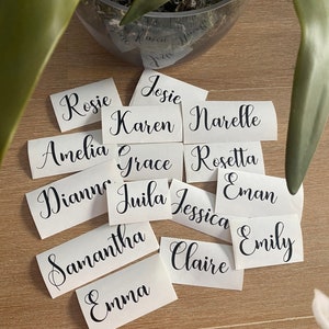 May include: A collection of white labels with black cursive writing, featuring a variety of female names, including Rosie, Amelia, Josie, Karen, Narelle, Grace, Rosetta, Dianna, Juila, Jessica, Eman, Samantha, Emma, Claire, and Emily.