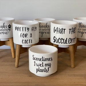 May include: Five white ceramic plant pots with wooden stands. The pots have different humorous sayings printed on them, including "Thanks for helping me grow", "Pretty fly for a cacti", "What the succulent!" and "Sometimes I wet my plants!"