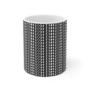 May include: A white ceramic mug featuring a repeating vertical pattern of the word FOOTBALL printed in bold black capital letters. The design covers the exterior surface of the cylindrical mug, which has a plain white interior and a smooth finish.