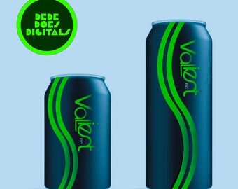 Puede incluir: Dos latas de bebida de aluminio azul oscuro de diferentes alturas, ambas con un diseño de línea ondulada vertical verde brillante y el texto Valiant inc. en verde. Se observa un logotipo circular verde con el texto DEDE DOES DIGITALS.