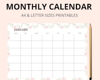 Monthly Styled Blank Calendar, Printable Calendar, Monthly Blank Calendar | A4 & Letter Size Printable Calendar