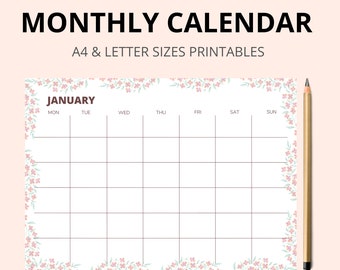 Monthly Styled Blank Calendar, Printable Calendar, Monthly Blank Calendar | A4 & Letter Size Printable Calendar