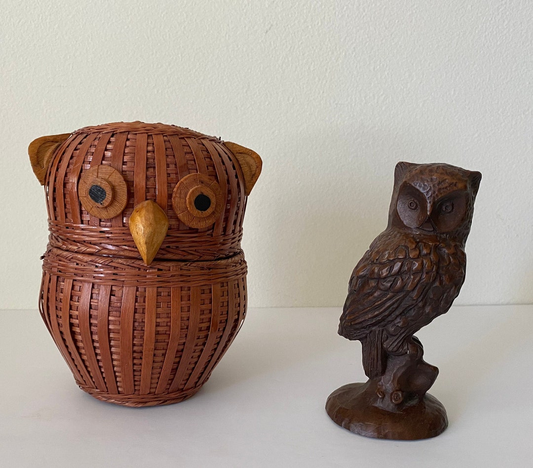 Vintage Owl Decor Mid Century Modern Owl Basket Wood Carved Owl Red