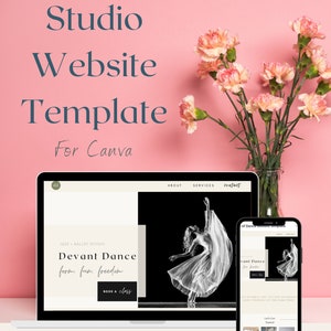 May include: A laptop and a mobile phone displaying a website template for a dance studio. The website features a black and white photo of a dancer in a flowing dress. The text on the website reads "Devant Dance form. fun. freedom".