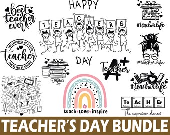 Könnte beinhalten: Ein Schwarzweiß-Bundle mit Grafiken zum Tag des Lehrers zum digitalen Download. Die Grafiken beinhalten einen Regenbogen, einen Lehrer mit einer Kaffeetasse, einen Lehrer mit einem Stapel Bücher und einen Lehrer mit einer Tafel. Der Text "Teacher's Day Bundle" befindet sich am unteren Rand des Bildes.
