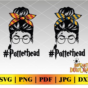 May include: Black and white silhouette of a woman with a messy bun wearing glasses and a headband with yellow and red stripes. The text "#Potterhead" is below the image.