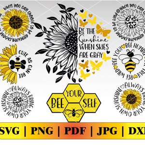 Può includere: Un set di file di taglio digitale con disegni di api e girasoli. I disegni includono frasi come "Sii il sole quando il cielo è grigio", "Sii umile, sii vero, sii selvaggio" e "Il tuo io ape".