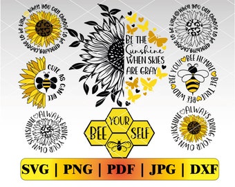 Könnte beinhalten: Ein Satz digitaler Schnittdateien mit Bienen- und Sonnenblumenmotiven. Die Designs beinhalten Sätze wie "Sei die Sonne, wenn der Himmel grau ist", "Sei bescheiden, sei treu, sei wild" und "Dein Bienensein".