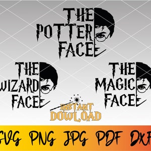 以下が含まれることがあります： ハリー・ポッターの顔と「The Potter Face」、「The Wizard Face」、「The Magic Face」というテキストが書かれた、白黒のデジタルカットファイル3つ。