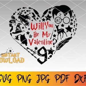 May include: A black and red heart-shaped design featuring the text "Will You Be My Valentine?" and various Harry Potter-themed images, including a wizard, a deer, a feather, a key, a wand, and a star. The number "9 3/4" is also included in the design.