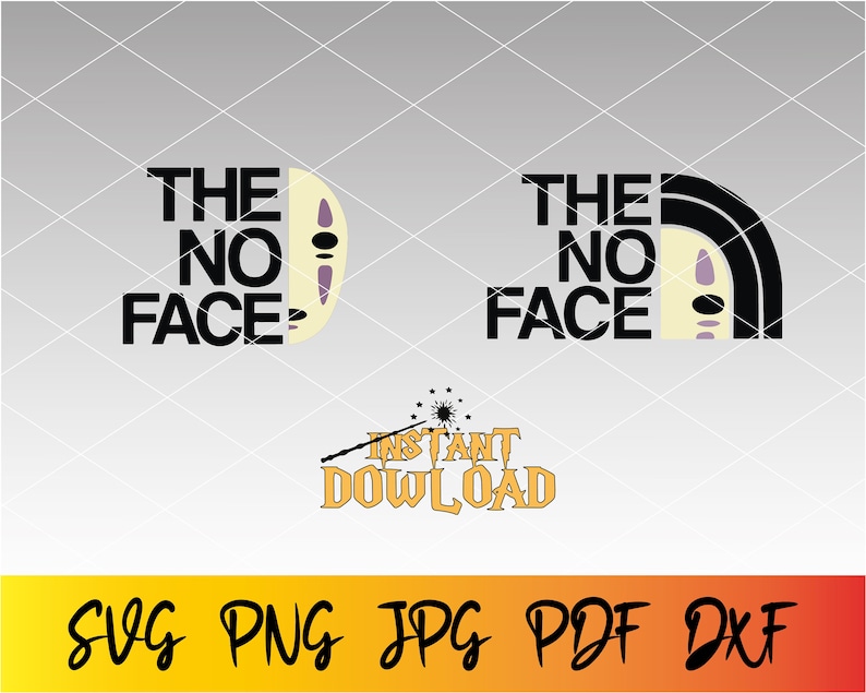 May include: A digital download design featuring two variations of a black and white logo with the text "The No Face" and a stylized face. The logo is inspired by a popular outdoor brand. The design also includes the text "Instant Download" in gold with a magic wand and stars.