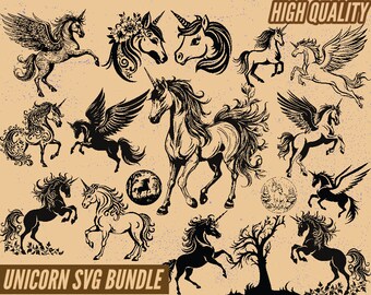 Könnte beinhalten: Ein digitales Download-Paket mit 12 Schwarzweiß-Einhorn-SVG-Dateien. Die Einhörner sind in verschiedenen Posen, einige mit Flügeln, einige mit Blumen und einige mit einem einfachen Design. Der Text "HIGH QUALITY" und "UNICORN SVG BUNDLE" ist im Bild enthalten.