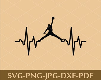 Könnte beinhalten: Schwarze Silhouette eines Basketballspielers, der mit einem Ball in der Hand springt, überlagert mit einer schwarzen und weißen Herzschlaggrafik.