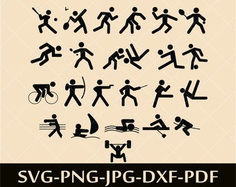 May include: A set of 25 black stick figure icons depicting various sports, including cycling, archery, fencing, swimming, rowing, weightlifting, running, and various ball sports.