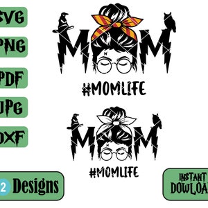May include: A black and white graphic design featuring the word "MOM" with a woman's face, glasses, and a messy bun. The design includes a lightning bolt, a witch hat, and an owl. The text "#MOM LIFE" is also included.