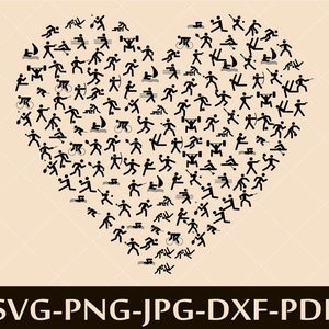 K&ouml;nnte beinhalten: Ein Schwarzwei&szlig;bild eines Herzens, das aus verschiedenen Sportikonen besteht. Die Symbole repr&auml;sentieren verschiedene Sportarten wie Schwimmen, Laufen, Radfahren, Gewichtheben und Fechten. Der Text "SVG-PNG-JPG-DXF-PDF" befindet sich am unteren Rand des Bildes.