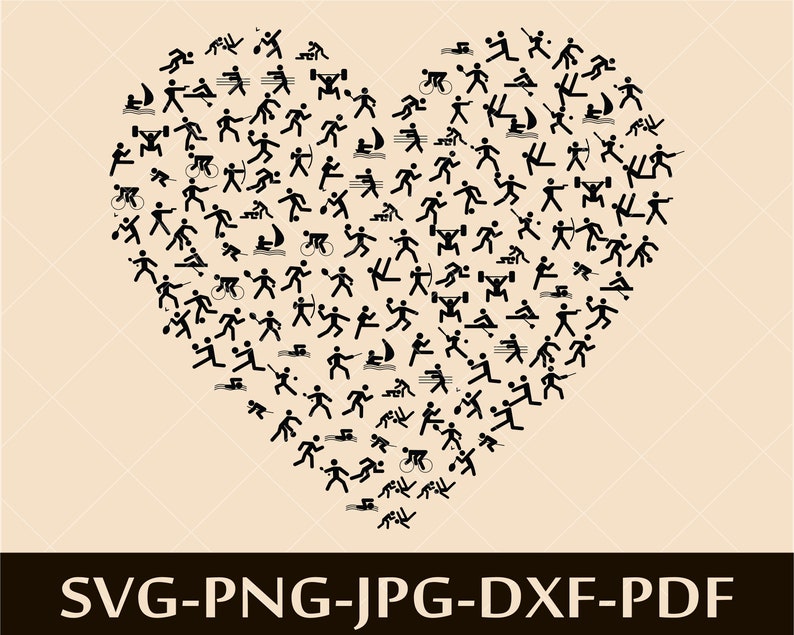 K&ouml;nnte beinhalten: Ein Schwarzwei&szlig;bild eines Herzens, das aus verschiedenen Sportikonen besteht. Die Symbole repr&auml;sentieren verschiedene Sportarten wie Schwimmen, Laufen, Radfahren, Gewichtheben und Fechten. Der Text "SVG-PNG-JPG-DXF-PDF" befindet sich am unteren Rand des Bildes.