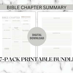 May include: A printable Bible chapter summary template with sections for date, book, favorite verse, chapter, main theme, related verses, key words, new words and definitions, questions, summary, prayer praise, author and audience, observation, interpretation and application.
