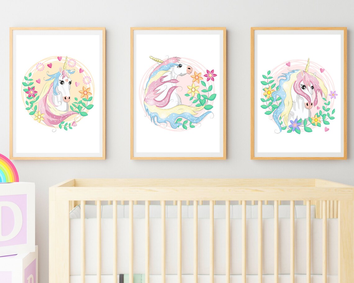 3 Printable Unicorn Wall Art Rainbow Wall Art Nursery Room Etsy