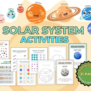 May include: A set of 31 printable solar system activity pages for kids. The pages feature colorful illustrations of planets, stars, and rockets. The activities include counting, tracing, and subtraction. The text on the pages includes "Solar System Activities", "Space Line Tracing", "Count & Mark", "Space Subtraction", "The Solar System", "Solar System Moon", and "Solar System Neptune".