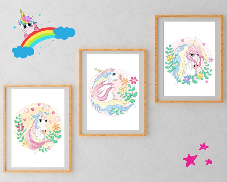 3 Printable Unicorn Wall Art Rainbow Wall Art Nursery Room Etsy
