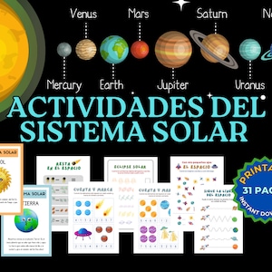 Puede incluir: Un conjunto de 31 hojas de trabajo educativas imprimibles para que los niños aprendan sobre el sistema solar. Las hojas de trabajo presentan ilustraciones coloridas de planetas, estrellas y naves espaciales. El título del conjunto es "Actividades del Sistema Solar".