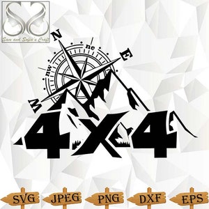 Puede incluir: Diseño gráfico en blanco y negro de una brújula con montañas y el texto "4X4".