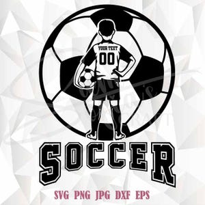 Soccer Player Silhouette with Ball Illustration – Perfect for soccer enthusiasts, this striking design features a young soccer player silhouette standing confidently in front of a large soccer ball, with bold 'SOCCER' text below.