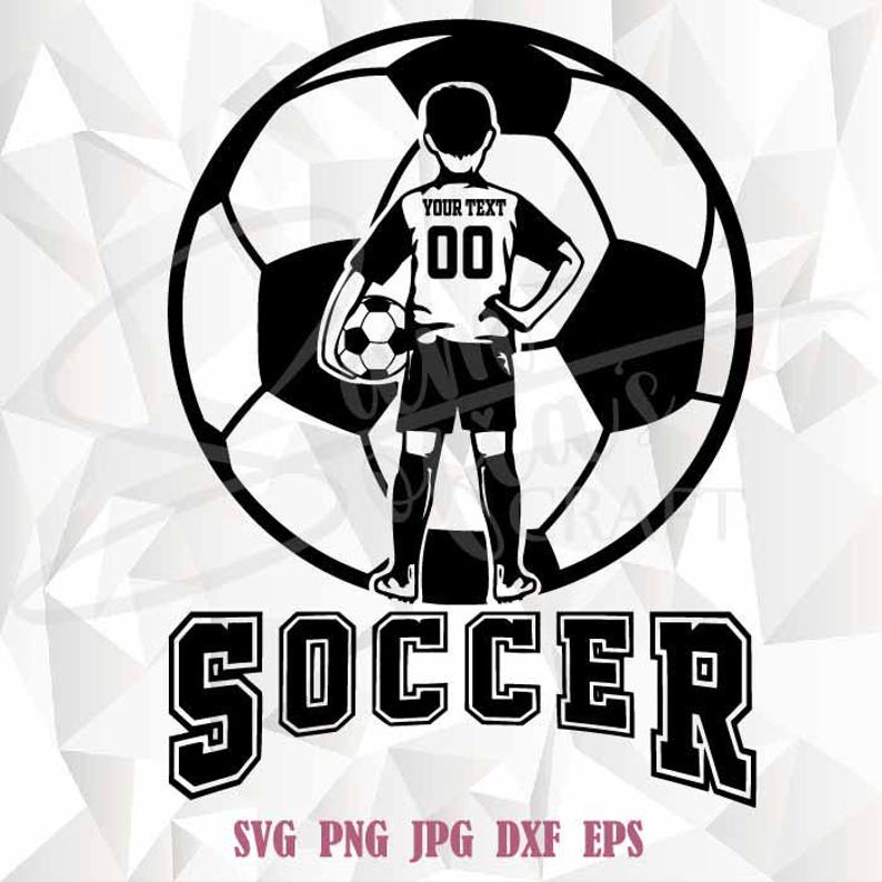 Soccer Player Silhouette with Ball Illustration – Perfect for soccer enthusiasts, this striking design features a young soccer player silhouette standing confidently in front of a large soccer ball, with bold 'SOCCER' text below.