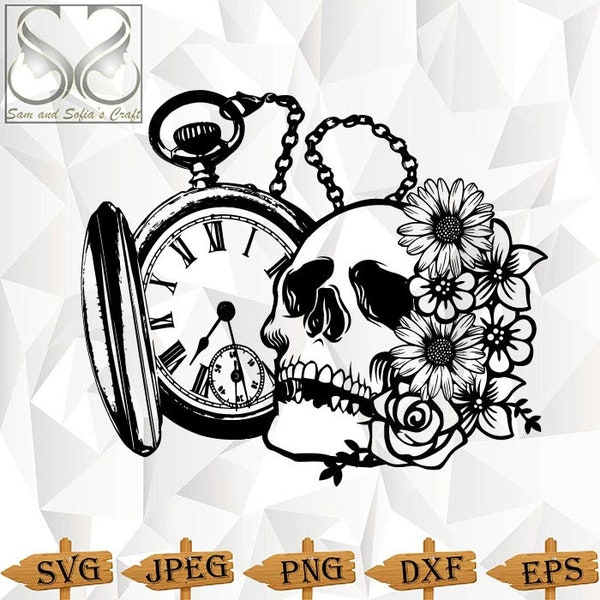 Flower Skull and Pocket Watch Svg Png | Timepiece Pocket Watch Svg | Floral Skull Svg | Silhouette Cut file | Cut file for Cricut