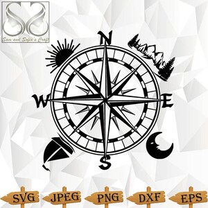 May include: Black and white compass with a star in the center and the letters N, S, E, and W around the outside. The compass is surrounded by symbols representing the sun, moon, mountains, and a sailboat.