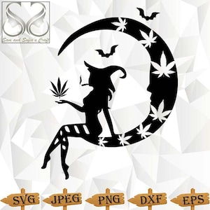 Bruja Cannabis Svg / Bruja fumadora Svg / Bruja lunar Svg / Halloween Svg / Weed Svg / Silueta / Cricut Svg Dxf Png Jpg Eps