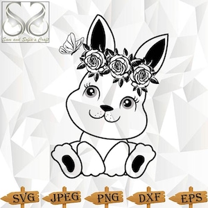 Floral Baby Rabbit Svg | Bunny with Flowers Svg | Cute Bunny Face Svg | Rabbit Svg | Silhouette Cut file | Cut File for Cricut