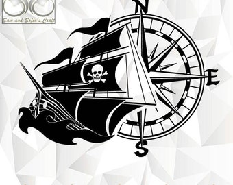 Pirate Ship and Compass Svg | Nautical Compass Svg | Sea Adventure Svg | Pirate Ship and Nautical Compass Clipart | Cut File for Cricut