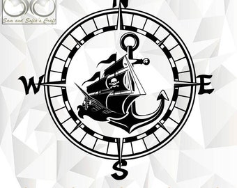 Pirate Ship Compass Anchor Svg | Navigation Svg | Pirate Rose Svg | Pirate Nautical Compass Anchor Silhouette Clipart | Cut file for Cricut