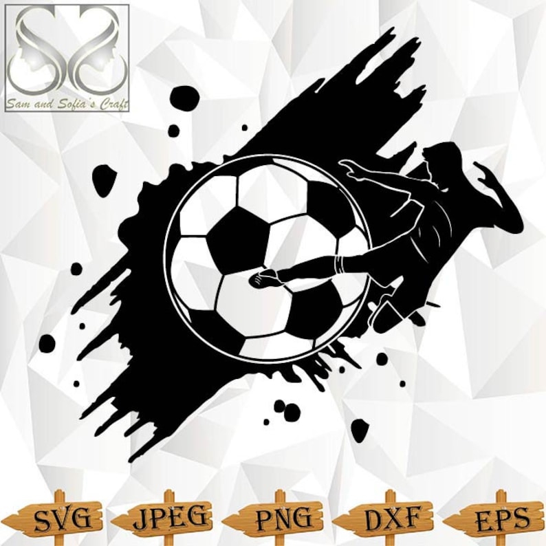 Dynamic Soccer Player Illustration – This eye-catching black-and-white artwork features a silhouette of a soccer player in action, kicking a large soccer ball.