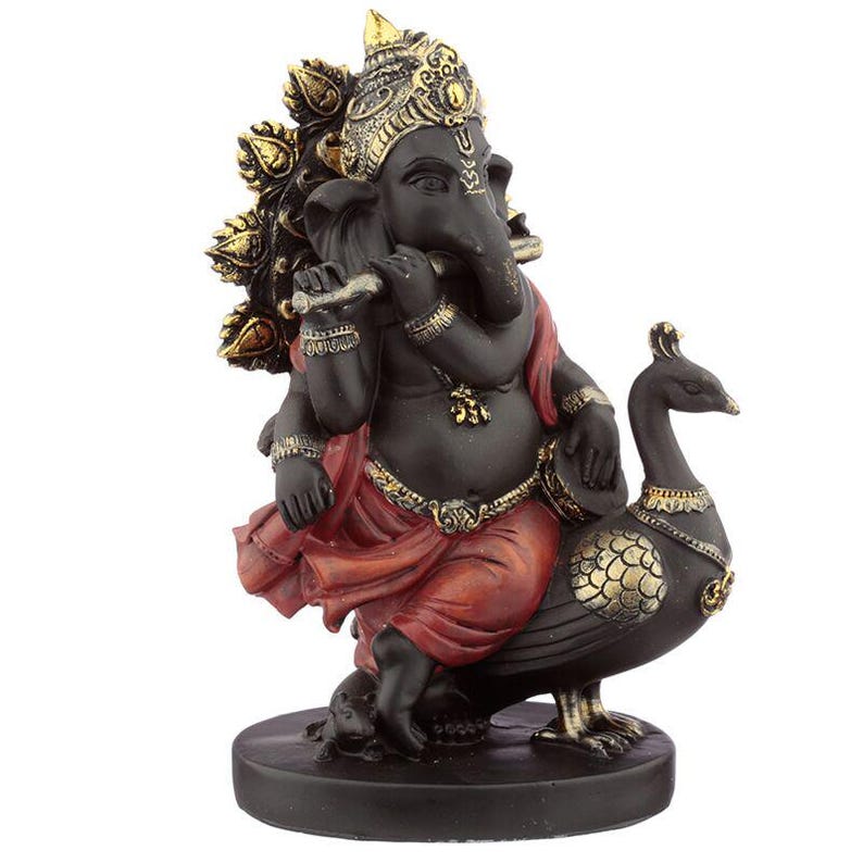 Black, Gold Ganesh Figurine With Pipe & Peacock Ornament Etsy UK