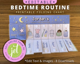 Editable Bedtime Routine Chart, Printable Folding / Flip Chart : kids daily checklist / visual schedule for toddler evening routine