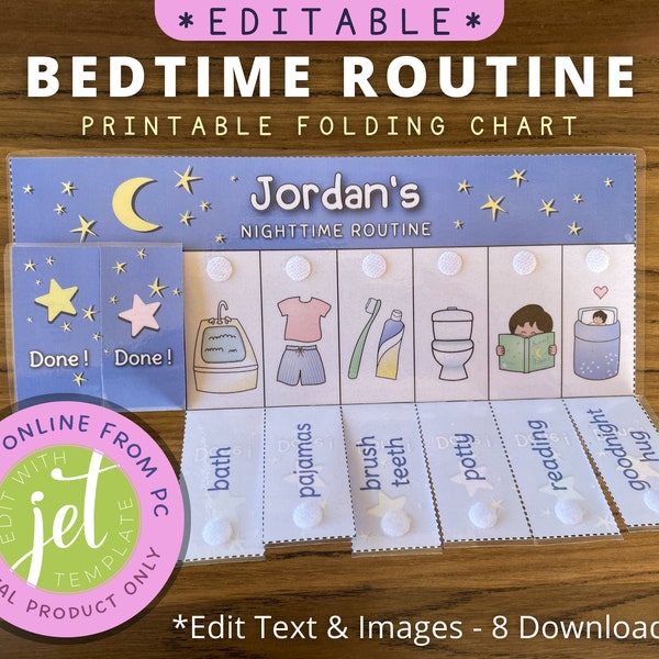 Editable Bedtime Routine Chart, Printable Folding / Flip Chart : kids daily checklist / visual schedule for toddler evening routine