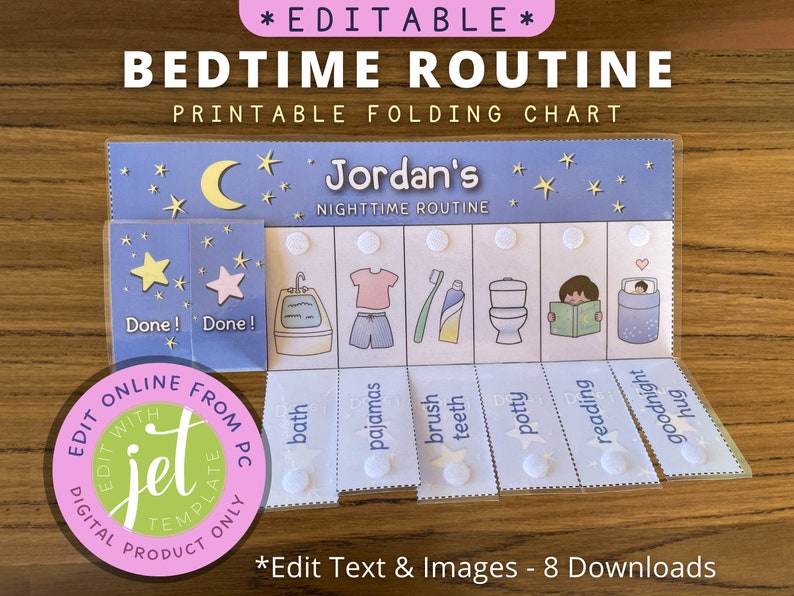 A bedtime routine chart with pictures & folding tabs.  The first two are folded up, showing the word 'done!' and a star.  Yet to be completed tasks include 'bath' 'pajamas'  'brush teeth' and 'potty.'