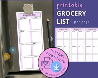Grocery List Printable for Fridge: simple grocery shopping checklist, organized into supermarket sections, convenient size, quick and easy